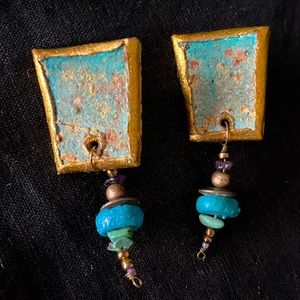 Vintage Handmade Clay + Turquoise Earrings Clips 1980's